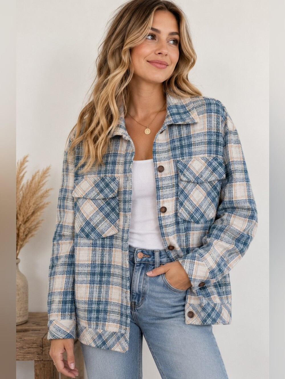 Boston Traders Plaid Shacket Jacket Medium Blue Cream Button Front Overshirt